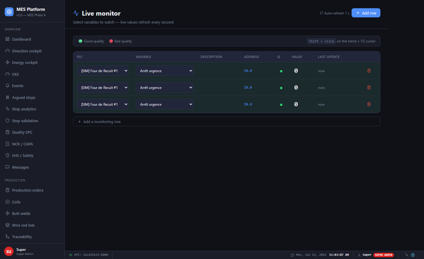 Live monitor — real-time PLC variable values