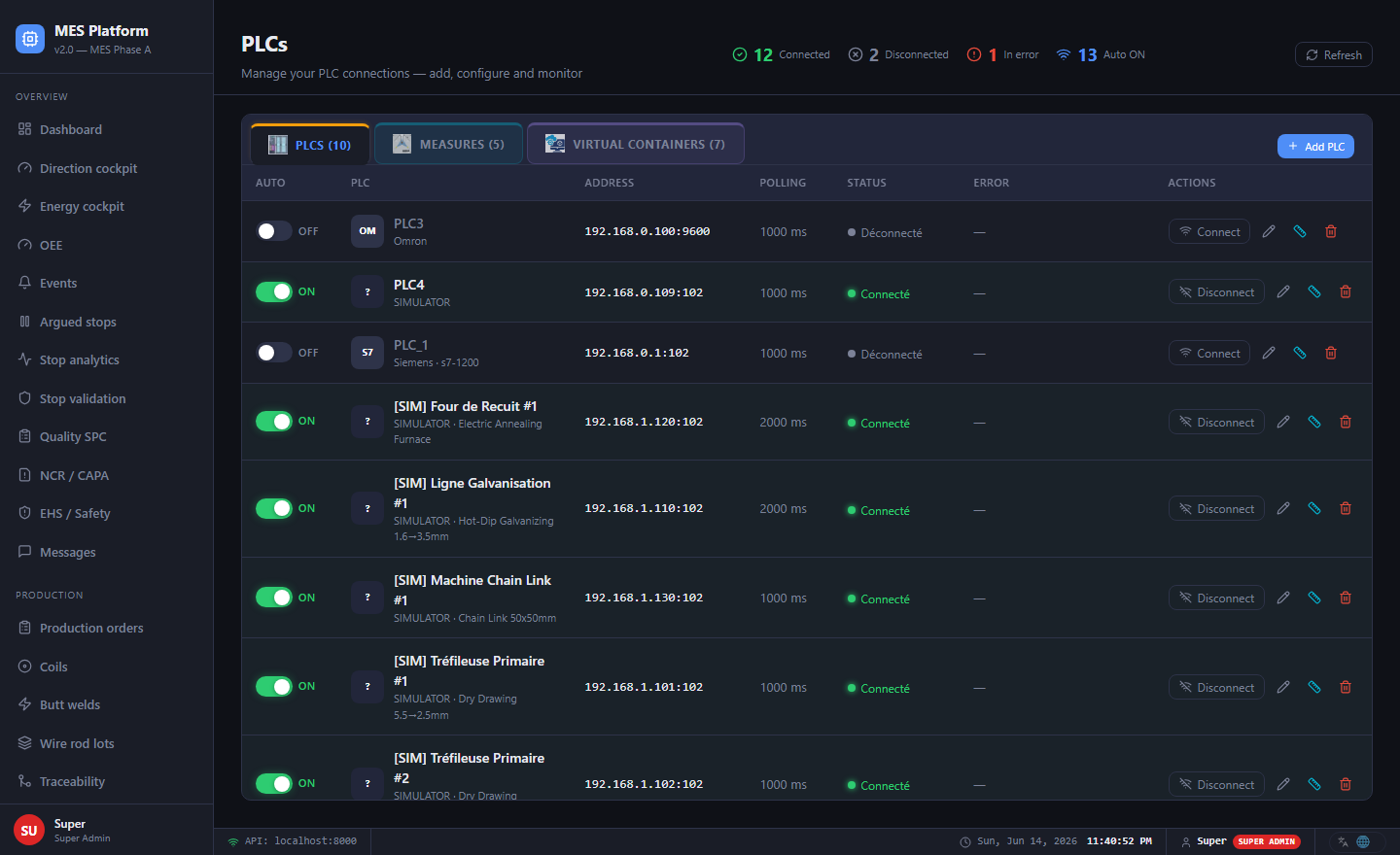 MES PLC Manager — multi-brand PLC connectivity, live polling & status